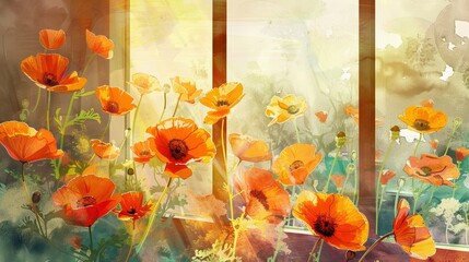 Colorful painting of vibrant poppies blooming by a window, bathes in warm sunlight, creating a bright, floral art piece.