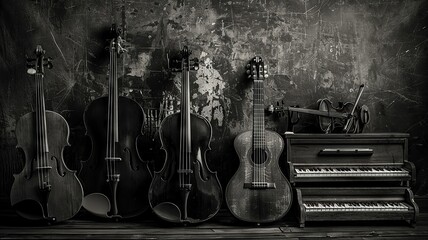 Naklejka premium Vintage Musical Instruments Ensemble with Dark Grungy Background and Classic Vibes