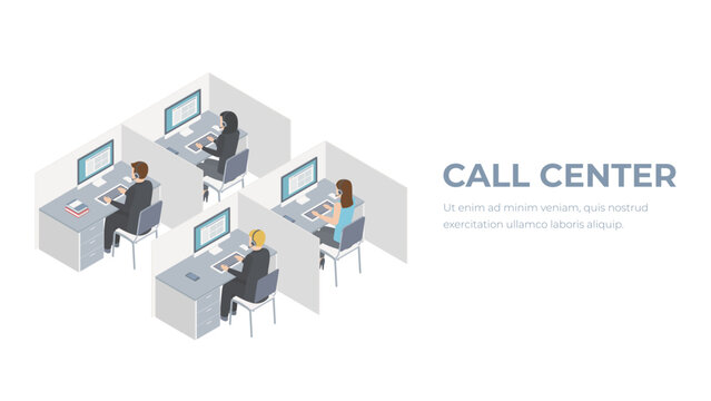 Call center interior isometric composition with customer support service, agents workplace cubicles advertising background poster vector illustration.