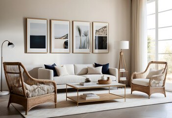 Contemporary living room illuminated by natural light with a cozy sofa, chic rattan armchairs, and an eye-catching gallery display