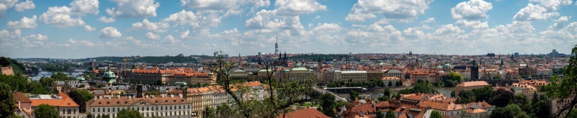 Panoramic view above at Charles Bridge Prague Castle and river Vltava Prague Czech Republic