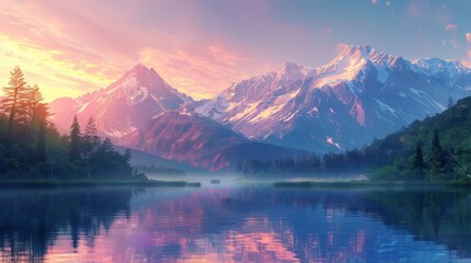 Fototapeta premium Majestic sunrise over serene lake with mountains in the background, reflecting colorful sky, creating picturesque natural scenery