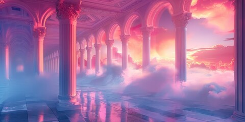 Majestic palace interior with arches and clouds, bathed in dreamy pink and purple sunset light. Serene and ethereal atmosphere.