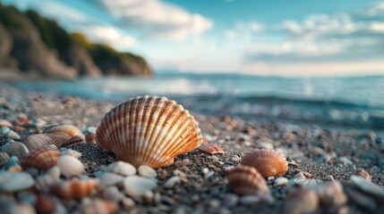 Coastal scene featuring seashells on a sandy beach, with the ocean in the background