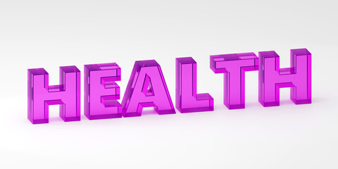 3D Illustration of the Word HEALTH in purple glass Text on a grey Background