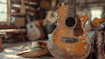 Old acoustic guitar and cowboy hat resting on wooden floor