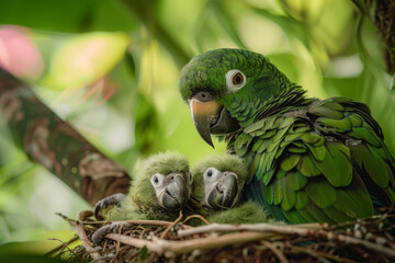 Obraz premium Mother parrot with her newborn chicks nestled together, new life and family concept