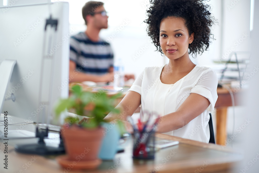 Poster Portrait, web design or confident African woman on computer for digital project development or problem solving. Proud, designer or person reading solution on technology in creative startup business