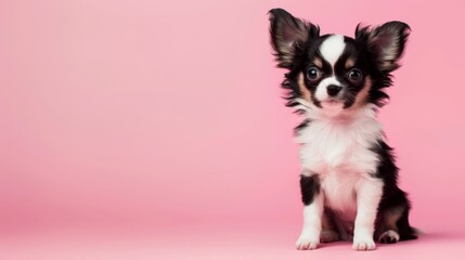 Fototapeta premium A cute Chihuahua puppy sitting on a solid pink background with space above for text