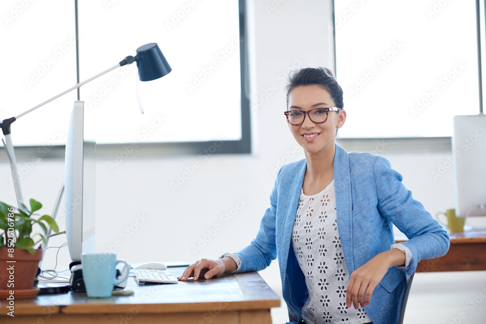 Poster office, monitor and portrait of woman with smile for creative career, digital communication or resea