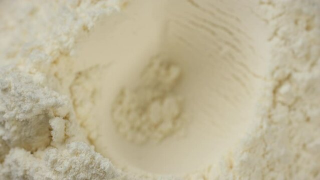 measuring spoon filled with white protein powder