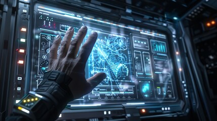 Fototapeta premium A futuristic hand gesture controlling a holographic AI-driven control panel, depicting advanced technology 