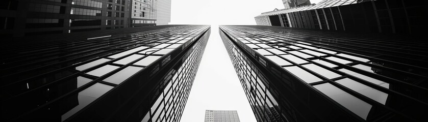 Fototapeta premium Black and white photo of tall skyscrapers viewed from below, showcasing urban architecture and modern cityscape in dramatic perspective.