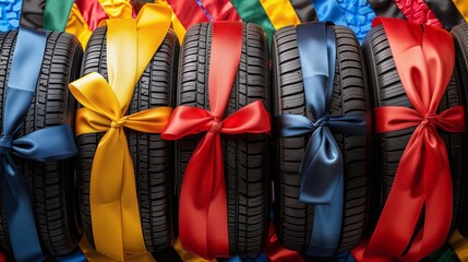 New car tires with vibrant ribbons on a colorful backdrop, perfect gift for father's day or black friday