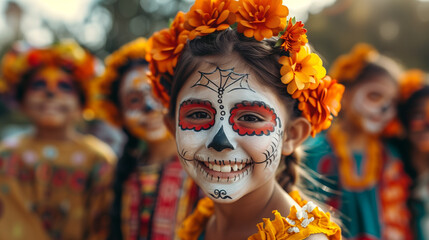 children dressed in Dia de los Muertos costumes, smiling and playing, Day of dead, kids