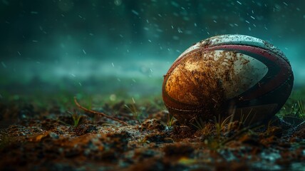 Muddy Rugby Ball on Wet Field Under Rainfall at Dusk