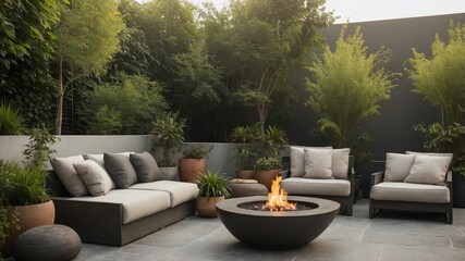 Fototapeta premium A luxuriously contemporary patio featuring plush outdoor sofas, a modern fire pit, and lush green plants, perfect for relaxing and entertaining.