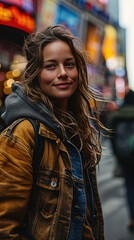 Woman with medium long hair walking street in new york long in blue jeans smiling and wearing gray hoodie