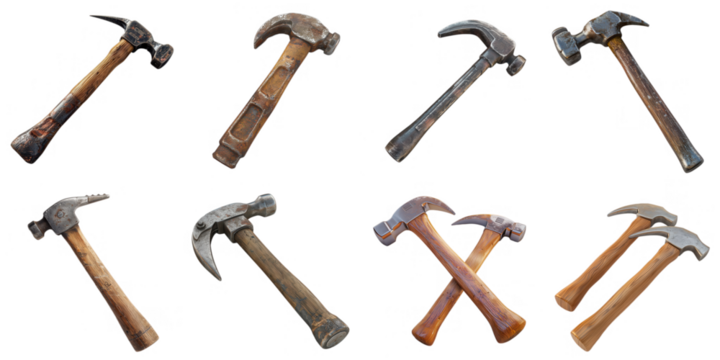 Set of hammer tool png mockup in 3d without background for decoration.