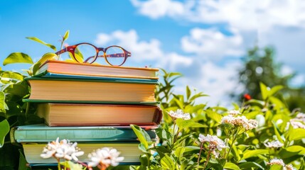 A stack of books and a pair of reading glasses in a garden with a clear blue manga style sky background and copy space