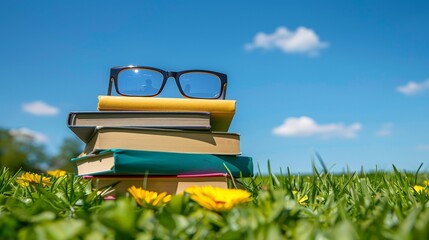 A stack of books and a pair of reading glasses in a garden with a clear blue manga style sky background and copy space