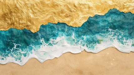 Obraz premium Aerial view of vibrant blue ocean waves crashing on golden sandy beach, creating a beautiful natural seascape with textures and contrasts.