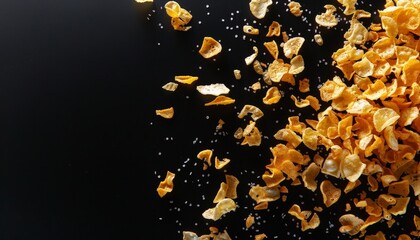 corn flakes falling from above with black background