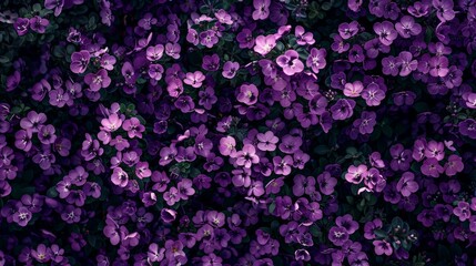 A royal puple flower garden with so many beautiful flowers densely packed without gaps.Shot from super above with no visible stems or leaves.*violet* flowers are in a field and *a black background*,