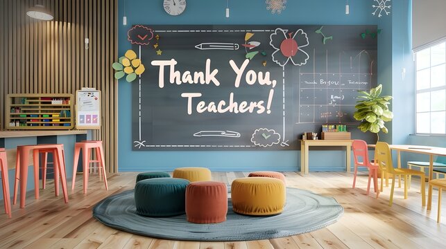 Teacher's Day greeting on board in the preschool classroom Thank You Teachers 