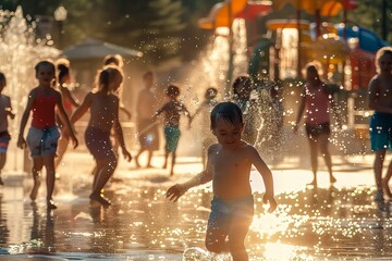 children's summer: kids playing and splashing in a fountain or water playground on a sunny day