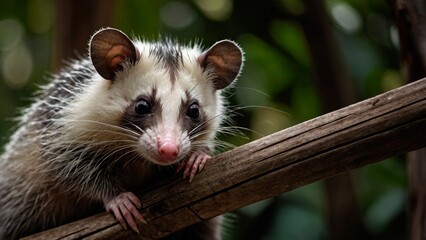 A close-up portrait of a tiny cute black and white opossum sitting on a tree branch. Beautiful animal mammal photography illustration. Didelphidae, marsupial.
