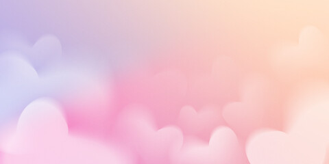 Abstract pink beige lilac blue colored gradient background with heart shape bokeh, grain texture.