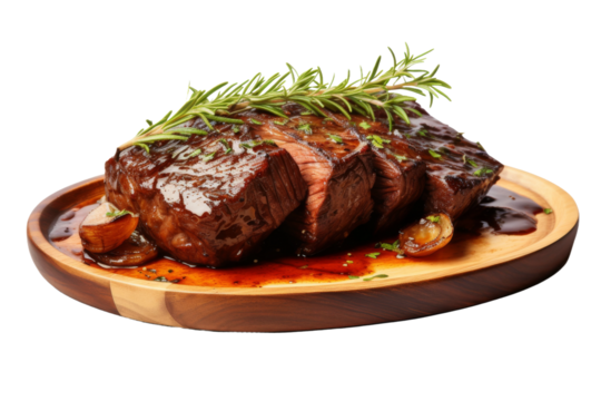 A Rosemary-Garnished Steak Dinner on a Wooden Platter on a Clear PNG or White Background.