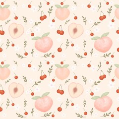 Cute peaches with red cherry, tiny white flower and leaf on beige background seamless pattern. Perfect design for fabric, wallpaper, embroidery, elements, texture, textile, sewing, illustration 