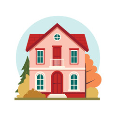 Autumn mood. Street suburb district house isolated on white background. Flat vector illustration