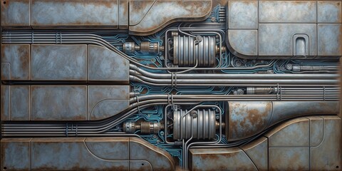 A close-up view of a rusty metal panel with intricate pipework and wiring