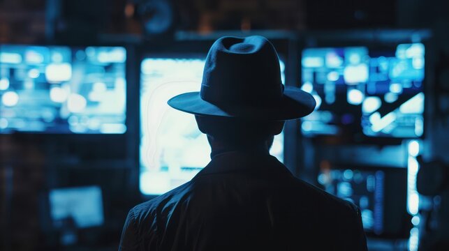 dark silhouette of a man in a raincoat with a hat at night on the street in a crime Noir style