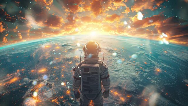 asian male astronaut looking at the earth through the window of a space rocket ship in outer space