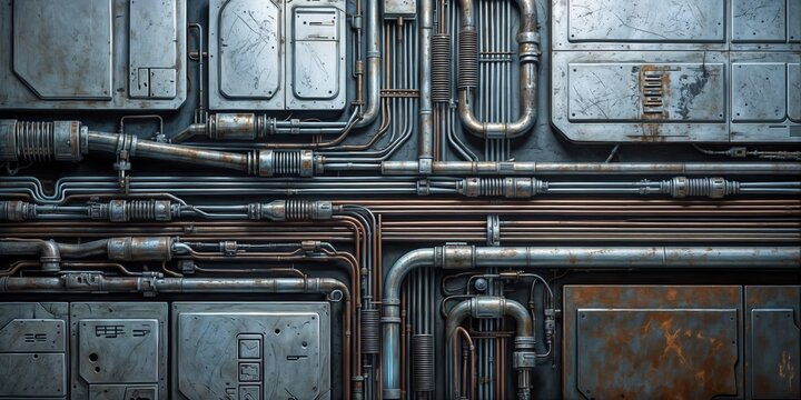 A close-up of a weathered metal wall with a complex network of pipes and wires running across its surface