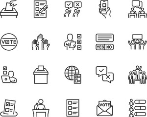 Vector set of voting line icons. Contains icons poll, ballot box, debate, candidate, elect, online poll, ballot, electronic voting and more. Pixel perfect.