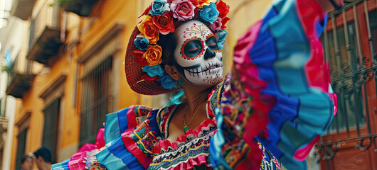 Fototapeta premium Festive Woman in Traditional Sugar Skull Makeup