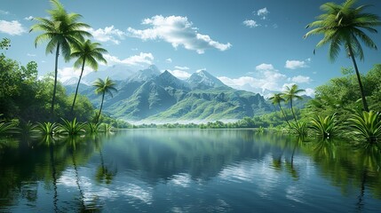 Obraz premium A scenic view of a tropical paradise with palm trees, a mountain range reflecting in a tranquil lake, and a blue sky with white clouds
