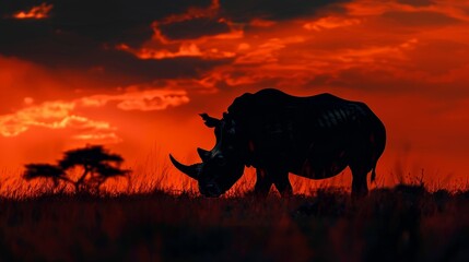 Rhinoceros Silhouette Against Fiery Sunset