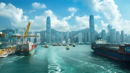 Naklejka premium global business background, With tall business towers. Business buildings on the skyline on the sea. city ​​scape and network connection concept. business globalization Connection technologies.