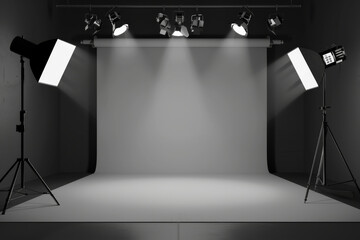 A professional photography studio setup with bright lighting, backdrop, and equipment, ready for a photo shoot.