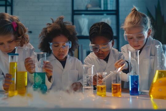 Four young children in lab coats and safety goggles conduct a colorful science experiment, showcasing early STEM education in action.