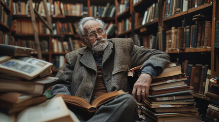 Peaceful Senior Man Relaxing on Books in Library Surrounded by Literature - Concept of Learning and Knowledge