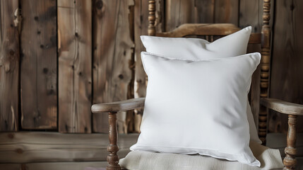 mockup of empty pillows on a rustic wooden chair, plain white pillows placed neatly on an old wooden chair, Ai generated Images