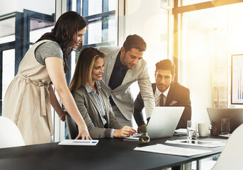 Group, collaboration and laptop for review in business meeting as consultant in accounting firm or...