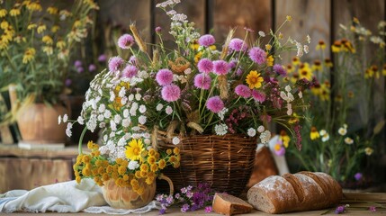 Bouquet of wildflowers and rye bread displayed on the table